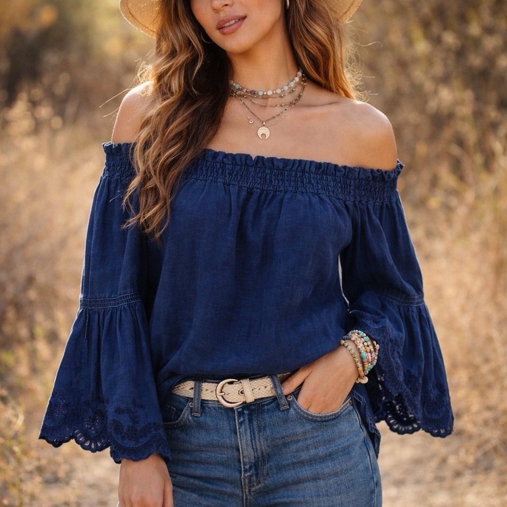 American Eagle Off Shoulder Prairie Chambray Top Small Blue Eyelet Boho Rodeo